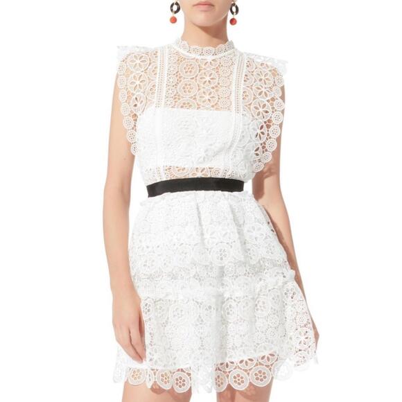 SELF PORTRAIT | US SZ 10 | White Circle Floral Lace Tiered Mini Dress MSRP $440 - Picture 3 of 9